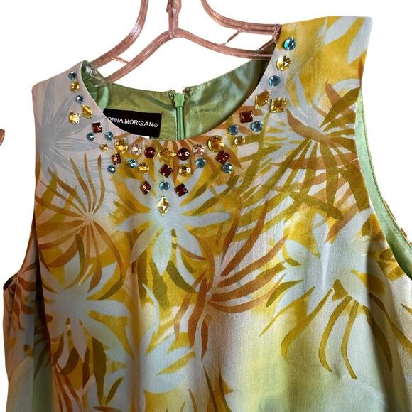 Donna Morgan Green Palms Sheath Dress Sheer Jeweled Silk Sleeveless Mob Wife 8 - Picture 2 of 16